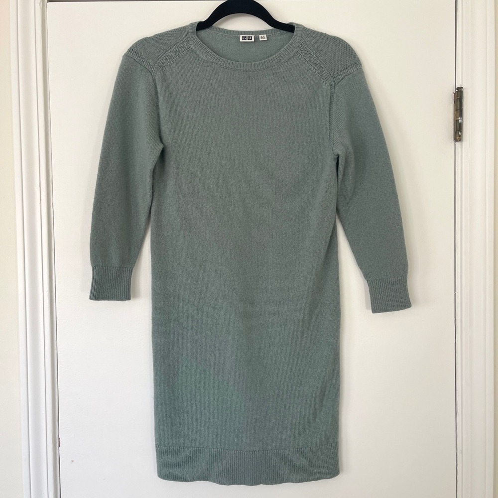 Uniqlo Wool Crew Neck Long Sleeve Knit Sweater Dress Muted Teal Girls Size 9-10 - Picture 2 of 9